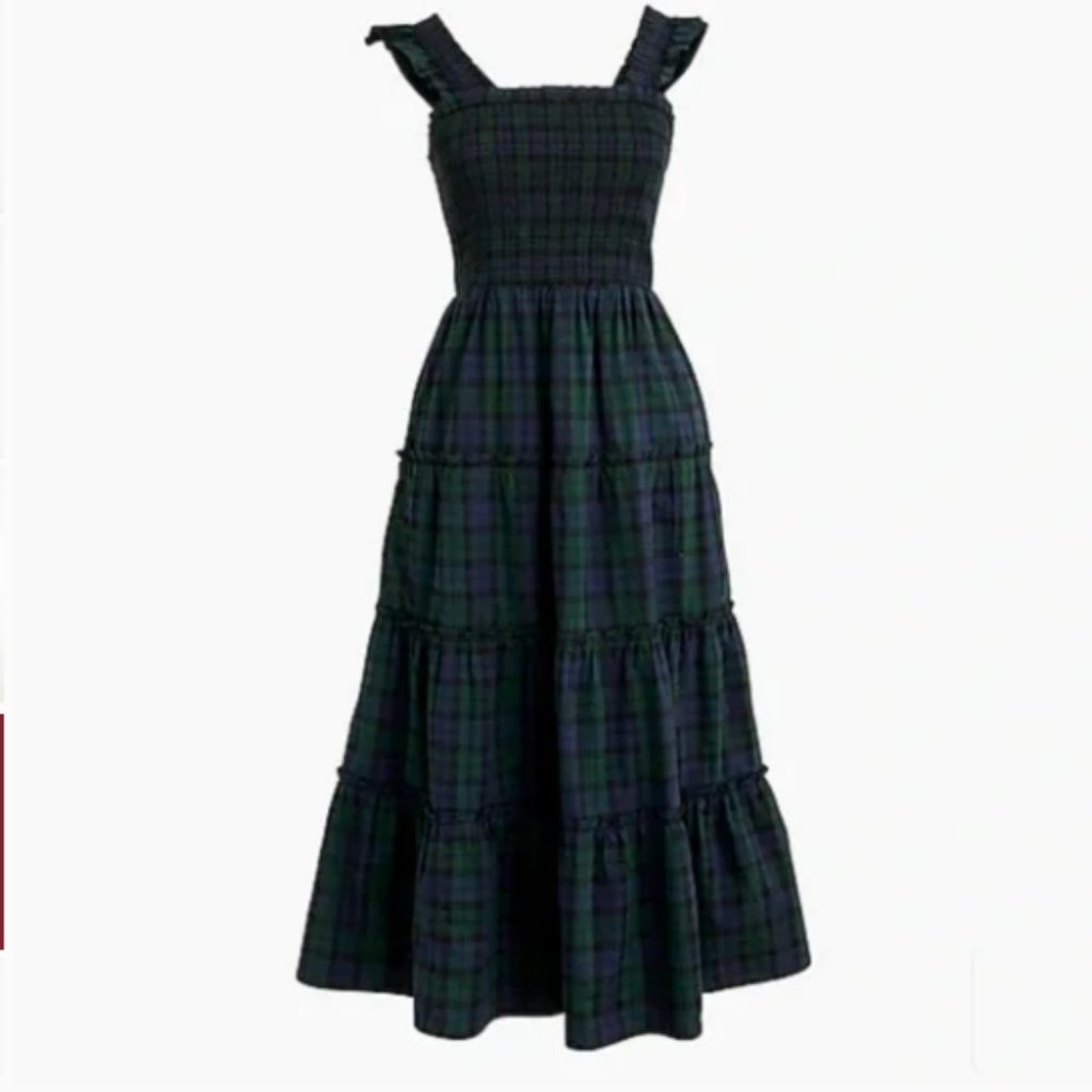 J Crew Cotton poplin smocked tiered midi dress in navy green tartan